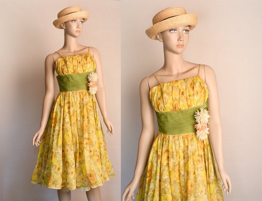 Vintage 50s Sundress Floral Print Sheer Ruched Flower Applique Sun Yellow Party Dress by Julius Garfinckel & Co. - Image 3