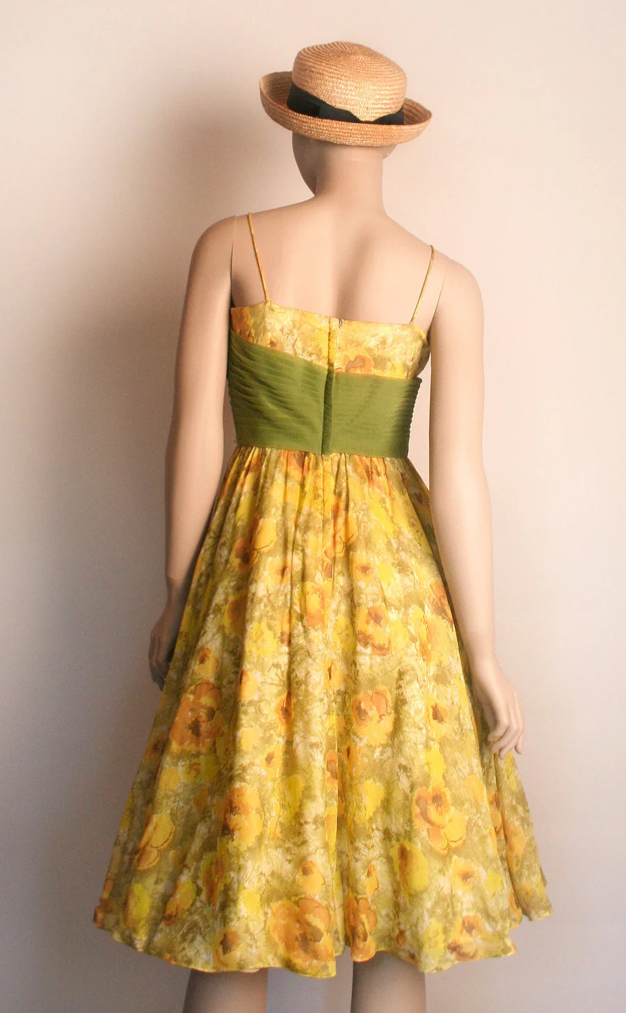 Vintage 50s Sundress Floral Print Sheer Ruched Flower Applique Sun Yellow Party Dress by Julius Garfinckel & Co. - Image 4