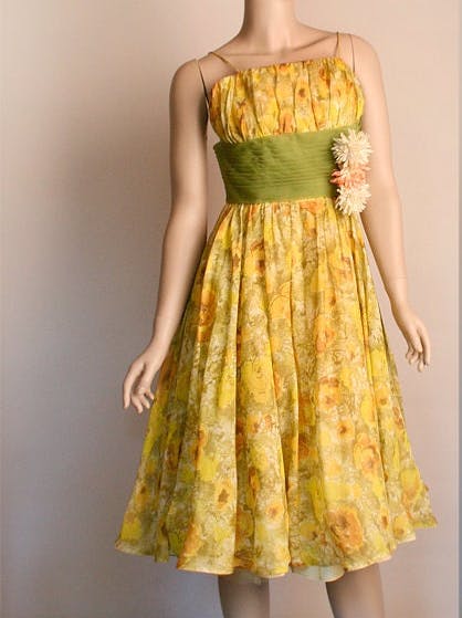 Vintage 50s Sundress Floral Print Sheer Ruched Flower Applique Sun Yellow Party Dress by Julius Garfinckel & Co. - Image 6