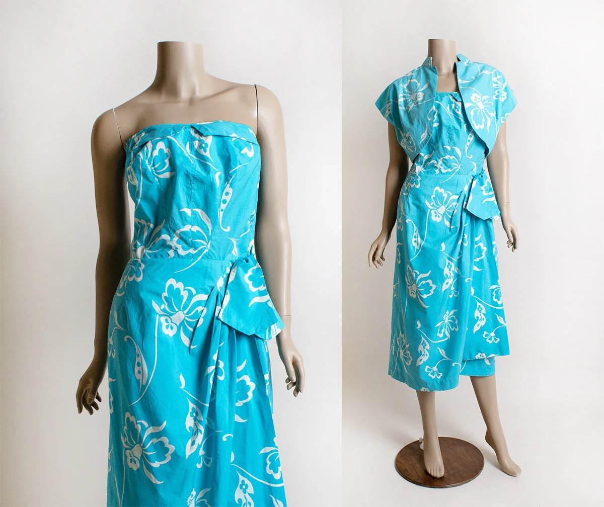 Vintage 50s Tropical Dress with Matching Bolero Aquamarine Blue and White Tropical Floral Print by Paradise Hawaii - Image 3