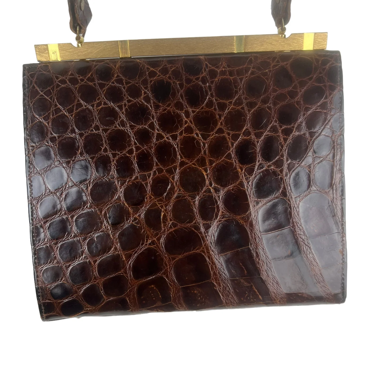 Vintage 50s Vassar Brown Alligator Handbag Gold Tone - Image 5