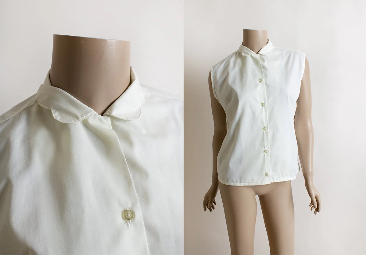 Vintage 50s White Cotton Sleeveless Summer Button Up Blouse with Petal Collar by Smart Lady, - Image 3
