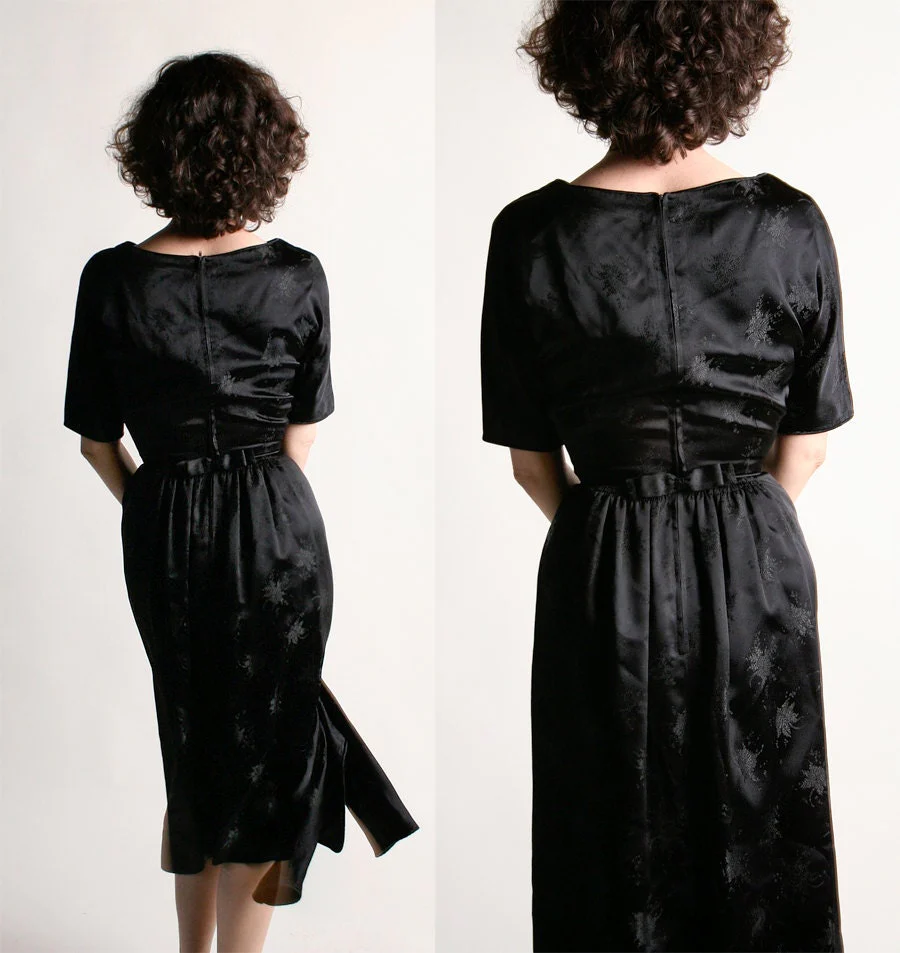 Vintage 50s Wiggle Dress Two Piece Brocade Black Brocade Cocktail Dress and Cropped Coat Xs - Image 3