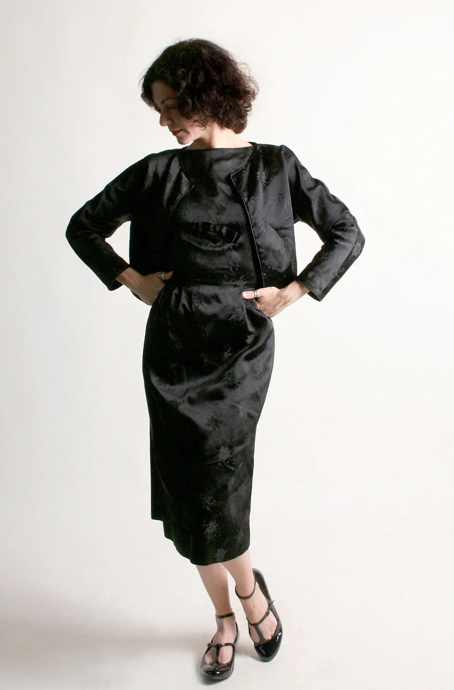 Vintage 50s Wiggle Dress Two Piece Brocade Black Brocade Cocktail Dress and Cropped Coat Xs - Image 4