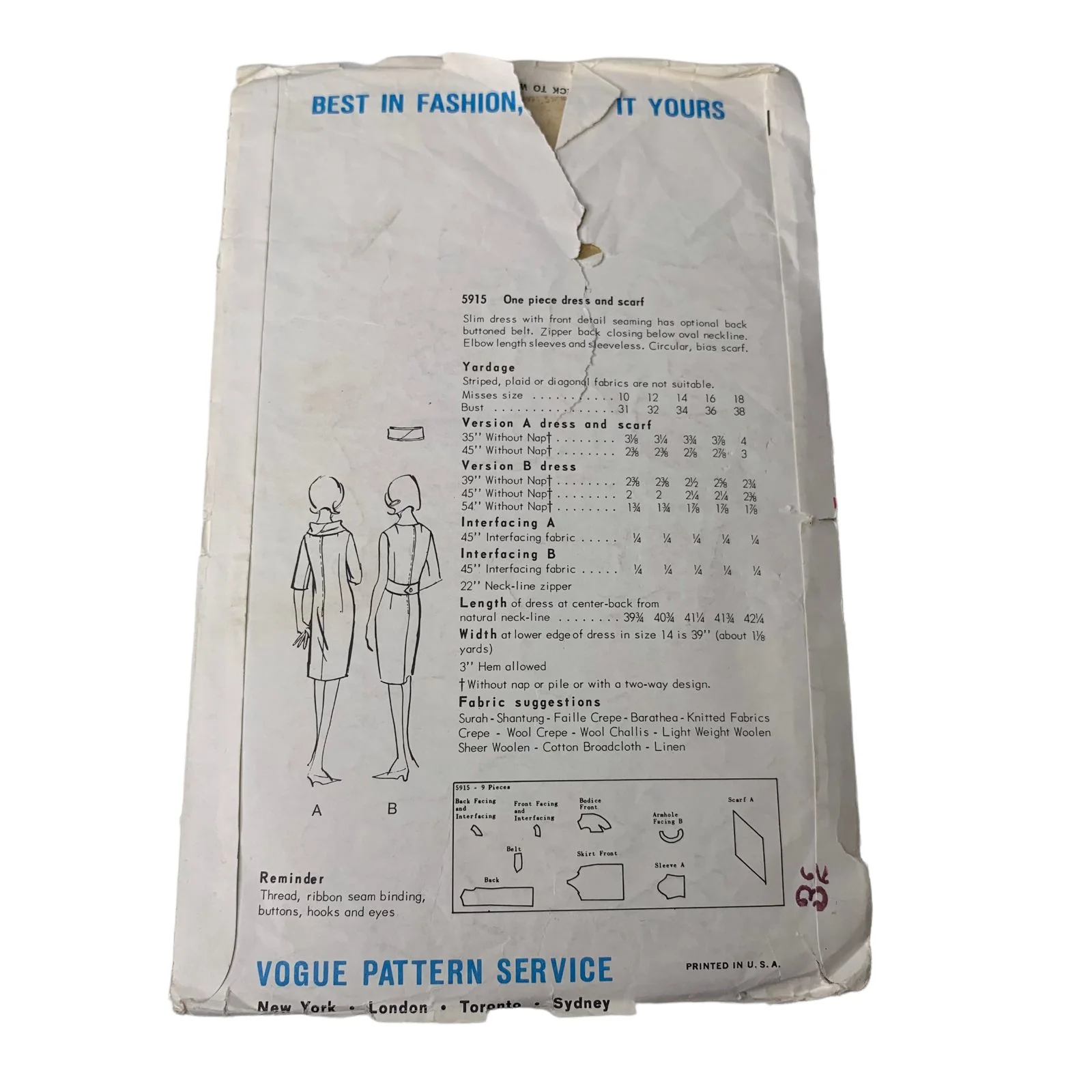 Vintage 5915 Pattern Misses 10-18 One Piece Sheath Dress Zip Scarf Cut by Vogue - Image 2