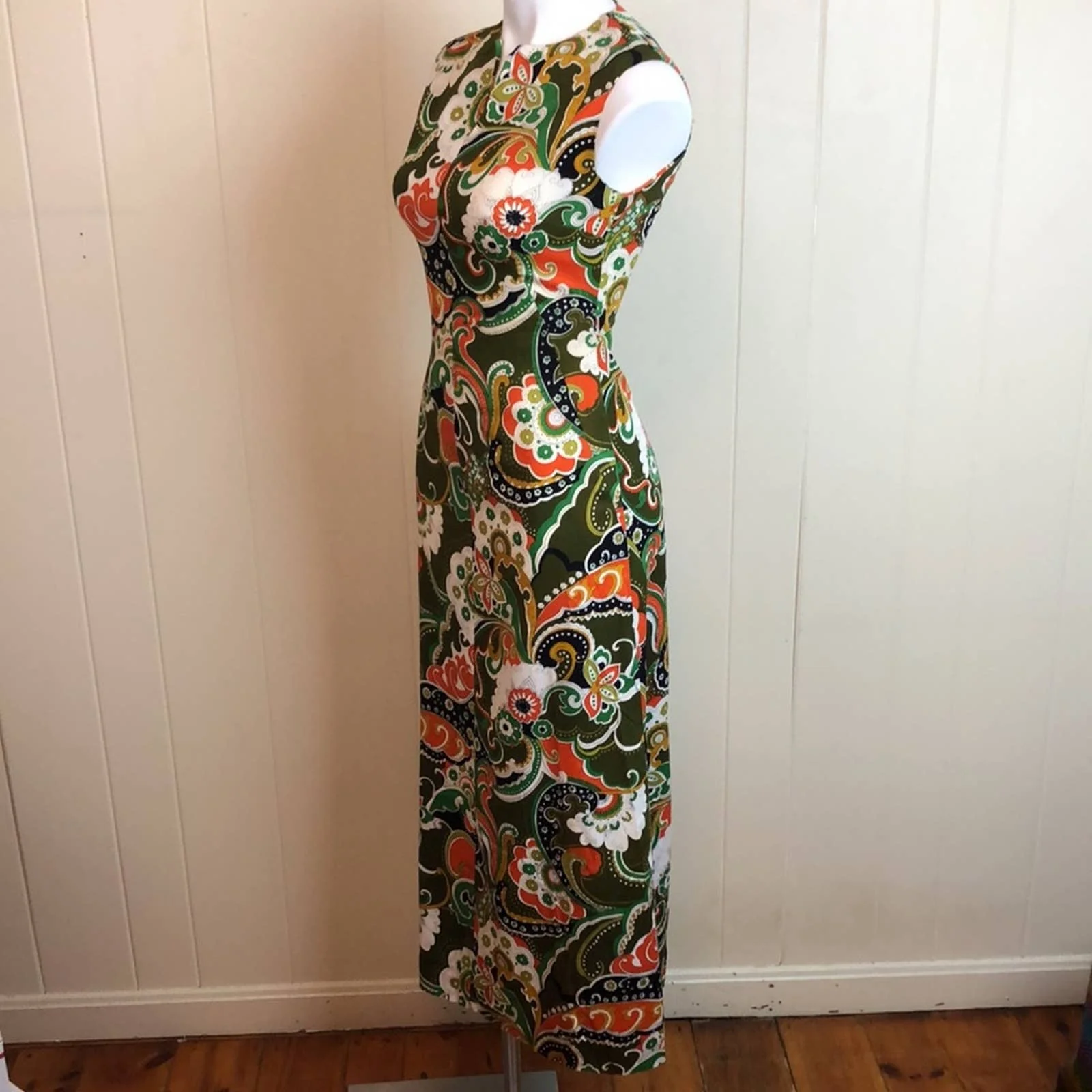 Vintage 60s 70s Barkcloth Fit and Flare Maxi Dress Xs Small Psychedelic Floral - Image 5
