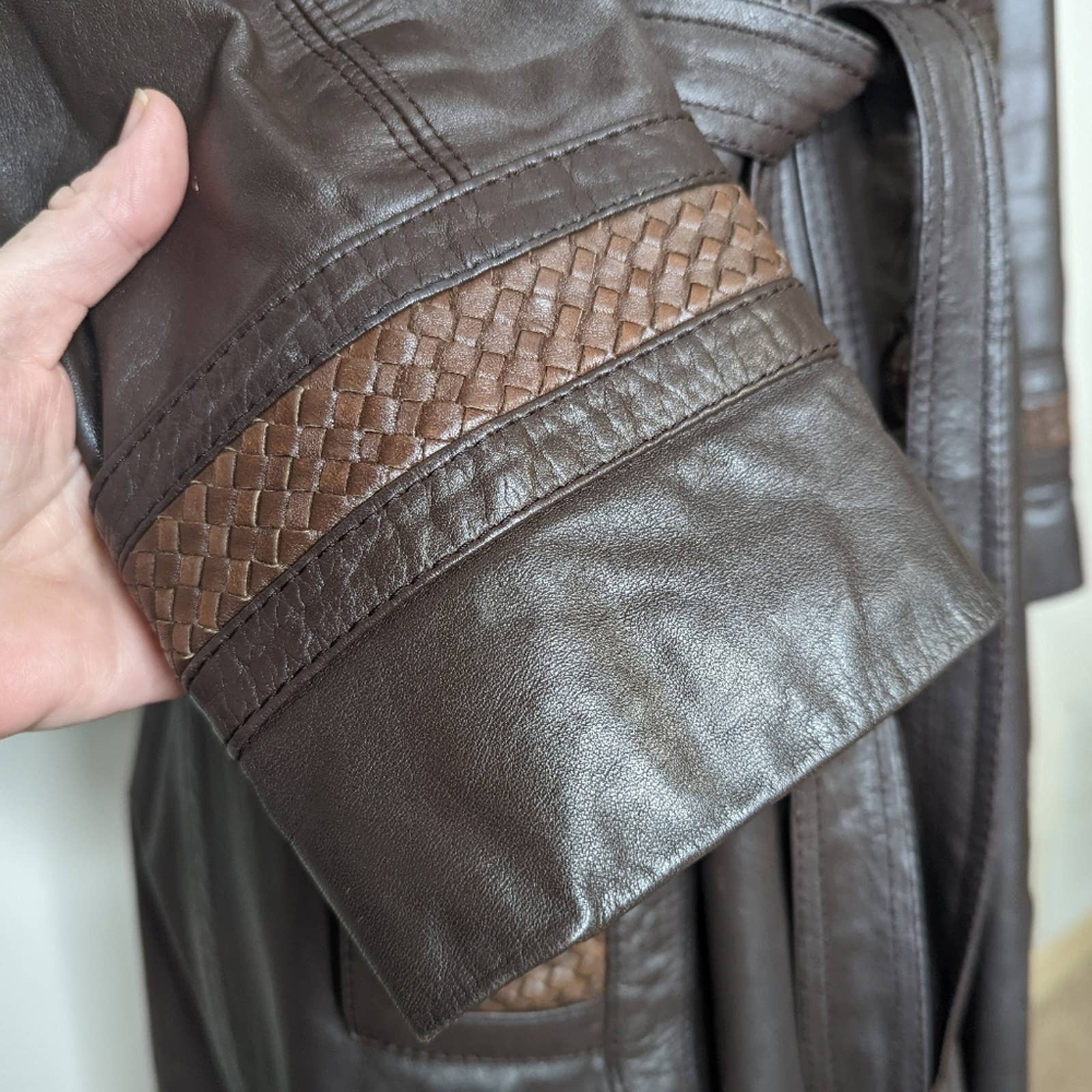 60s/70s Vintage 60s 70s Two Tone Woven Leather Trench Coat - Image 7