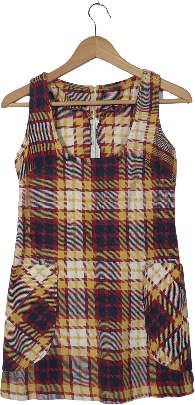 Vintage 60s/70s Cotton Plaid Fall School Girl Mini Dress Jumper Dress with Pockets Size S/xs