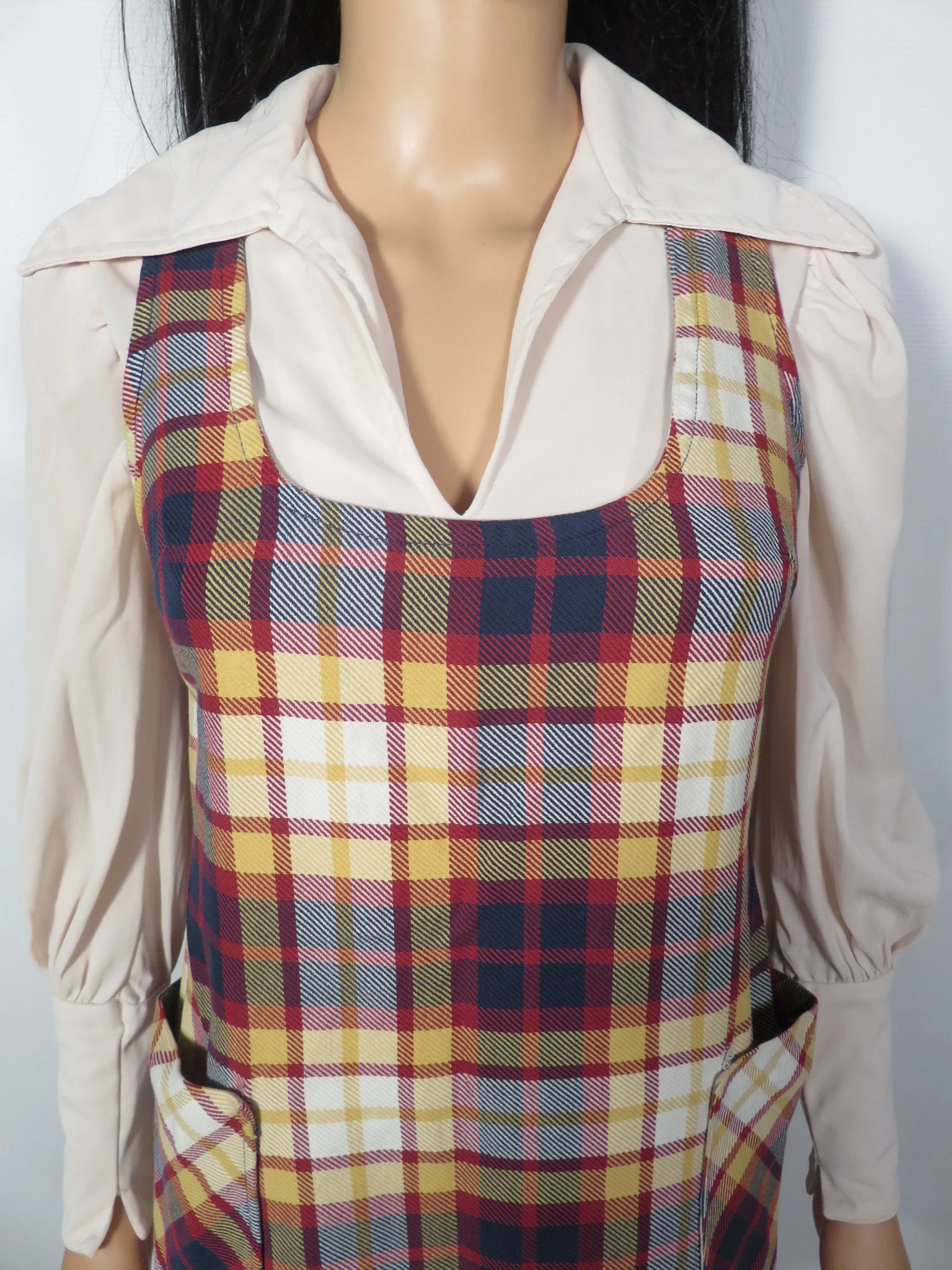 Vintage 60s/70s Cotton Plaid Fall School Girl Mini Dress Jumper Dress with Pockets Size S/xs - Image 10