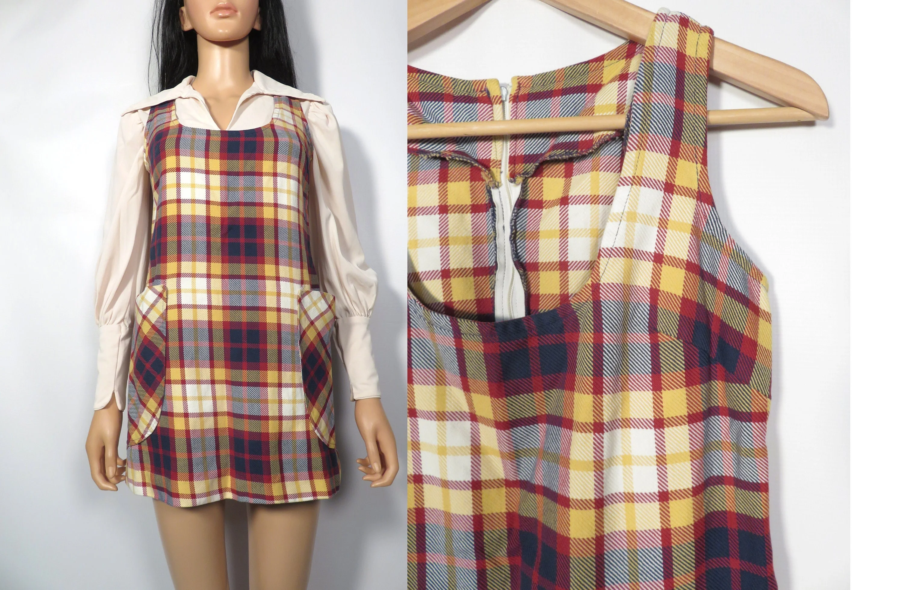 Vintage 60s/70s Cotton Plaid Fall School Girl Mini Dress Jumper Dress with Pockets Size S/xs - Image 2