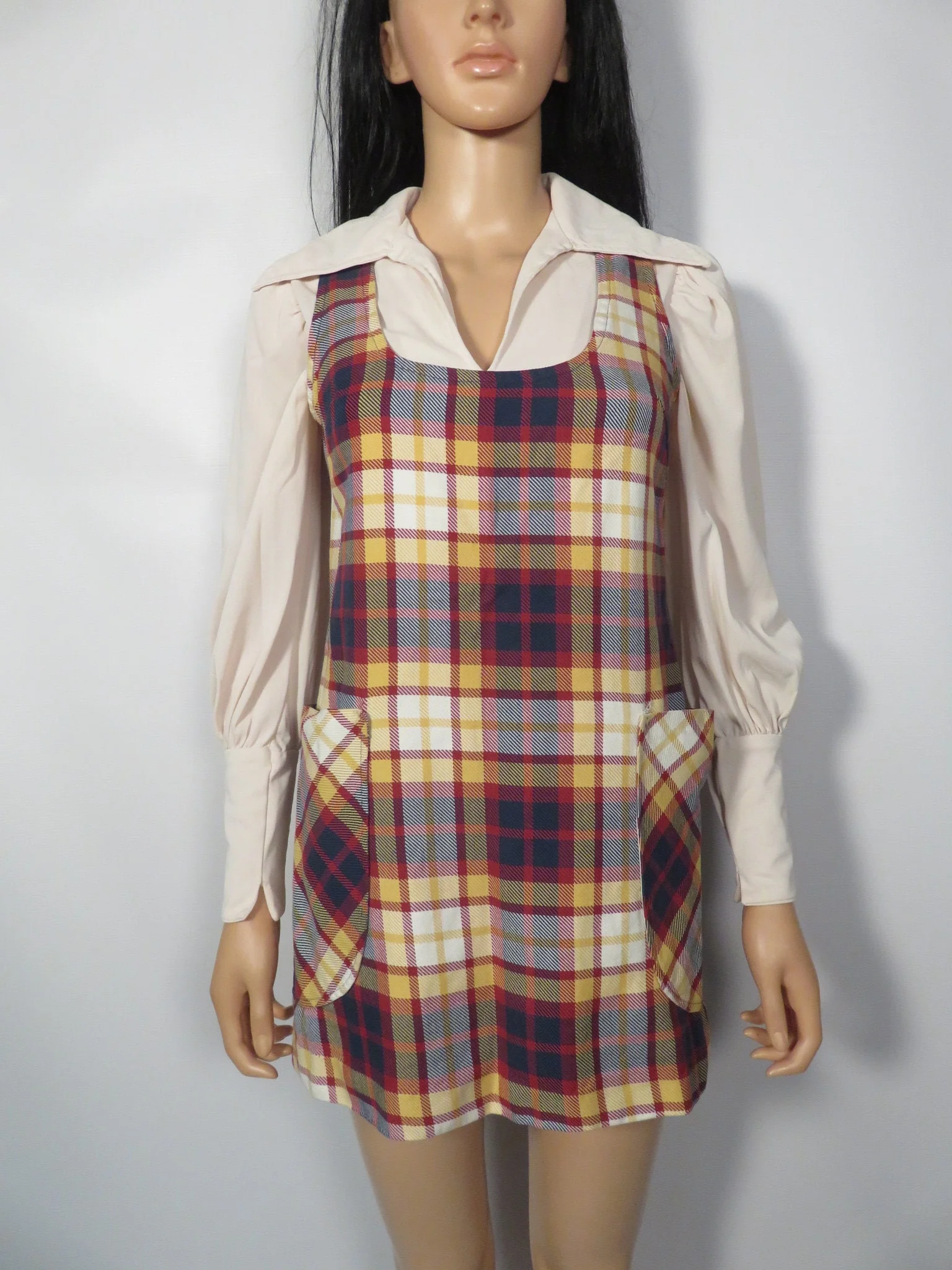 Vintage 60s/70s Cotton Plaid Fall School Girl Mini Dress Jumper Dress with Pockets Size S/xs - Image 8