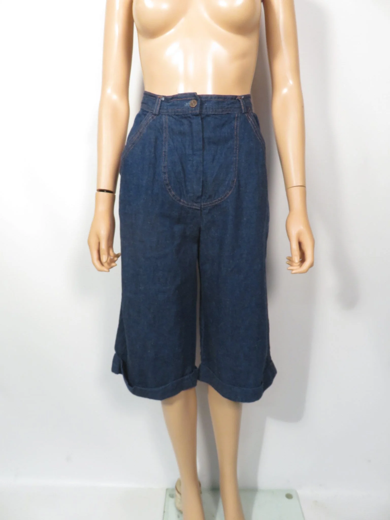 Vintage 60s/70s High Waist Denim Contrast Stitch Culottes Size 26 Waist Size S - Image 6