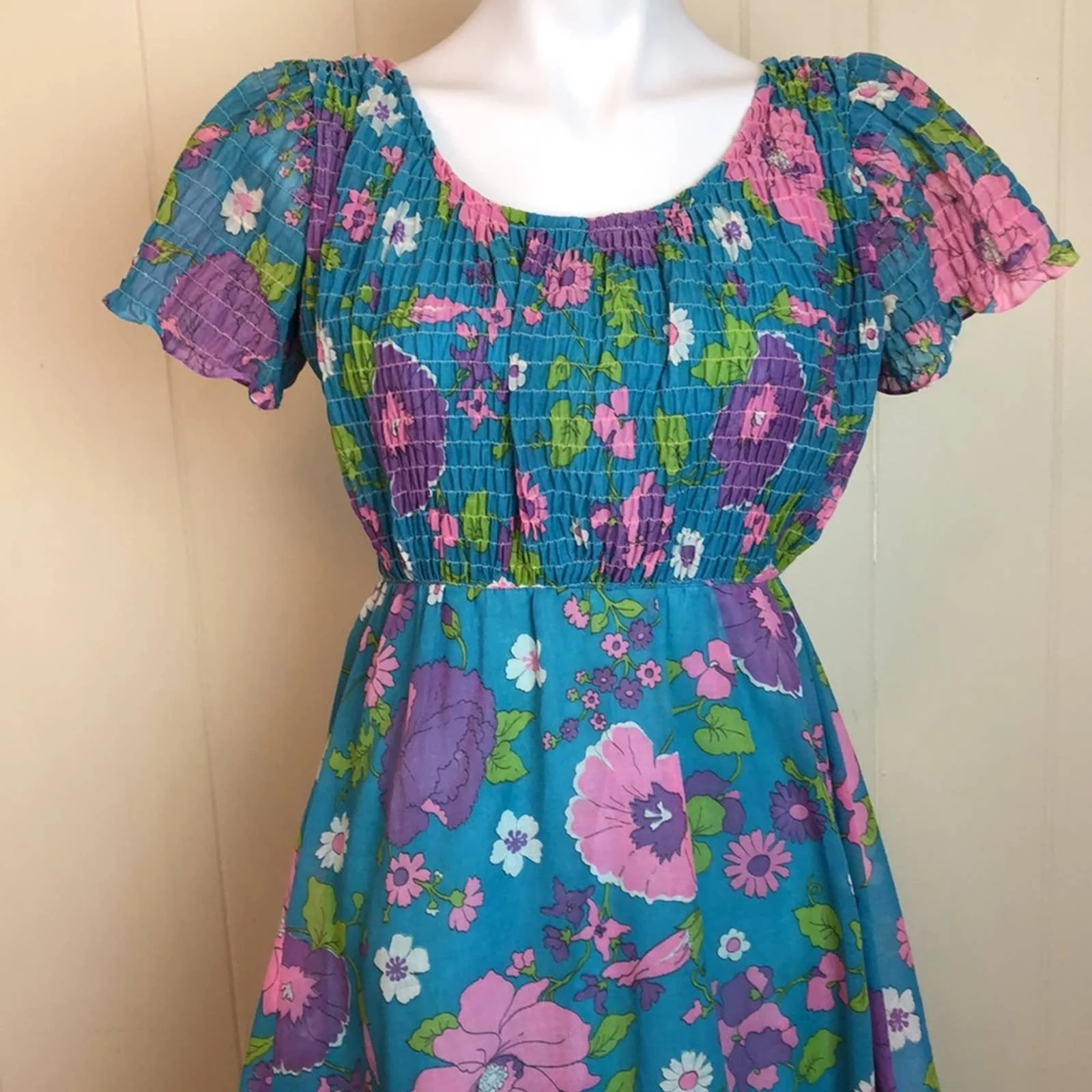 Vintage 60s 70s Long Flowy High Waisted Maxi Dress Prairie Smocked Cottage - Image 2