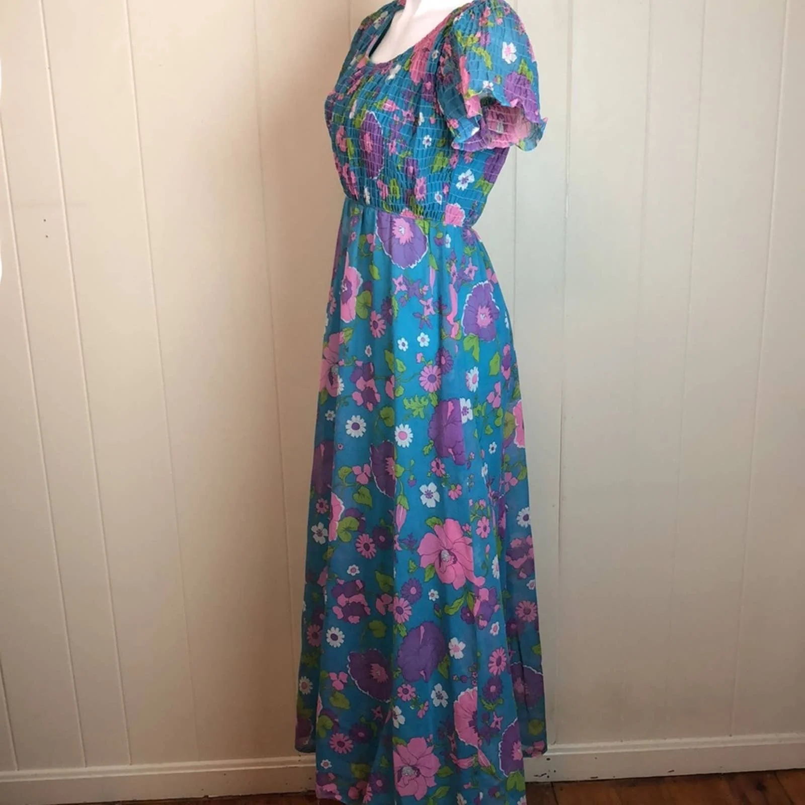 Vintage 60s 70s Long Flowy High Waisted Maxi Dress Prairie Smocked Cottage - Image 3