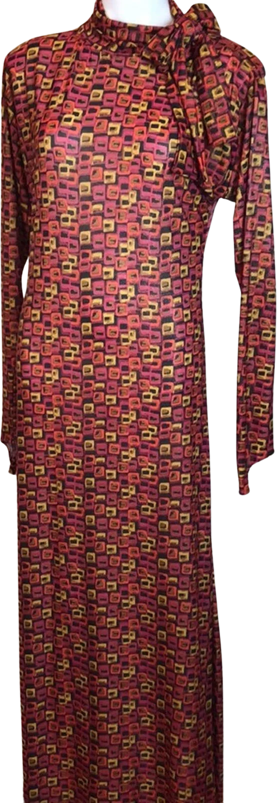 Vintage 60s 70s Long Geometric Knit Dress High Neck Party Gown