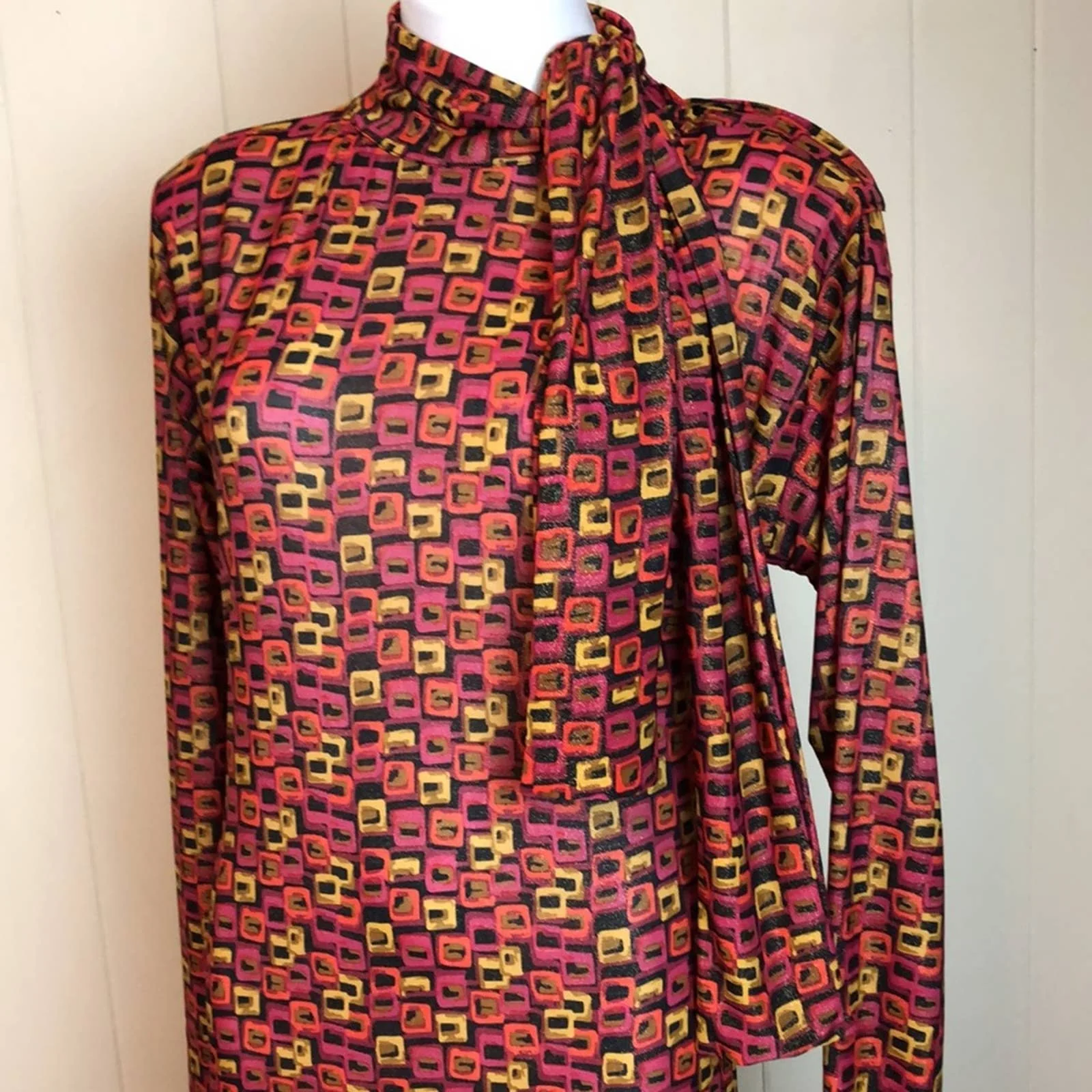 Vintage 60s 70s Long Geometric Knit Dress High Neck Party Gown - Image 4