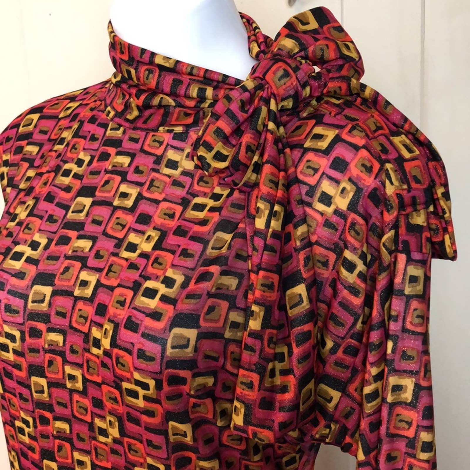 Vintage 60s 70s Long Geometric Knit Dress High Neck Party Gown - Image 6