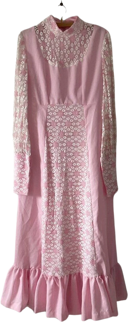 Vintage 60s 70s Long Sleeve Empire Waist Maxi Dress Mod Regency Ruffles Lace