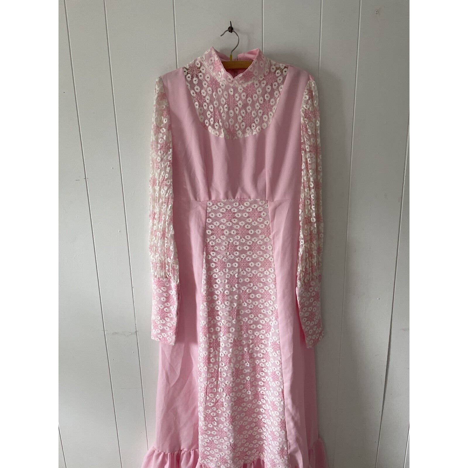 Vintage 60s 70s Long Sleeve Empire Waist Maxi Dress Mod Regency Ruffles Lace - Image 3