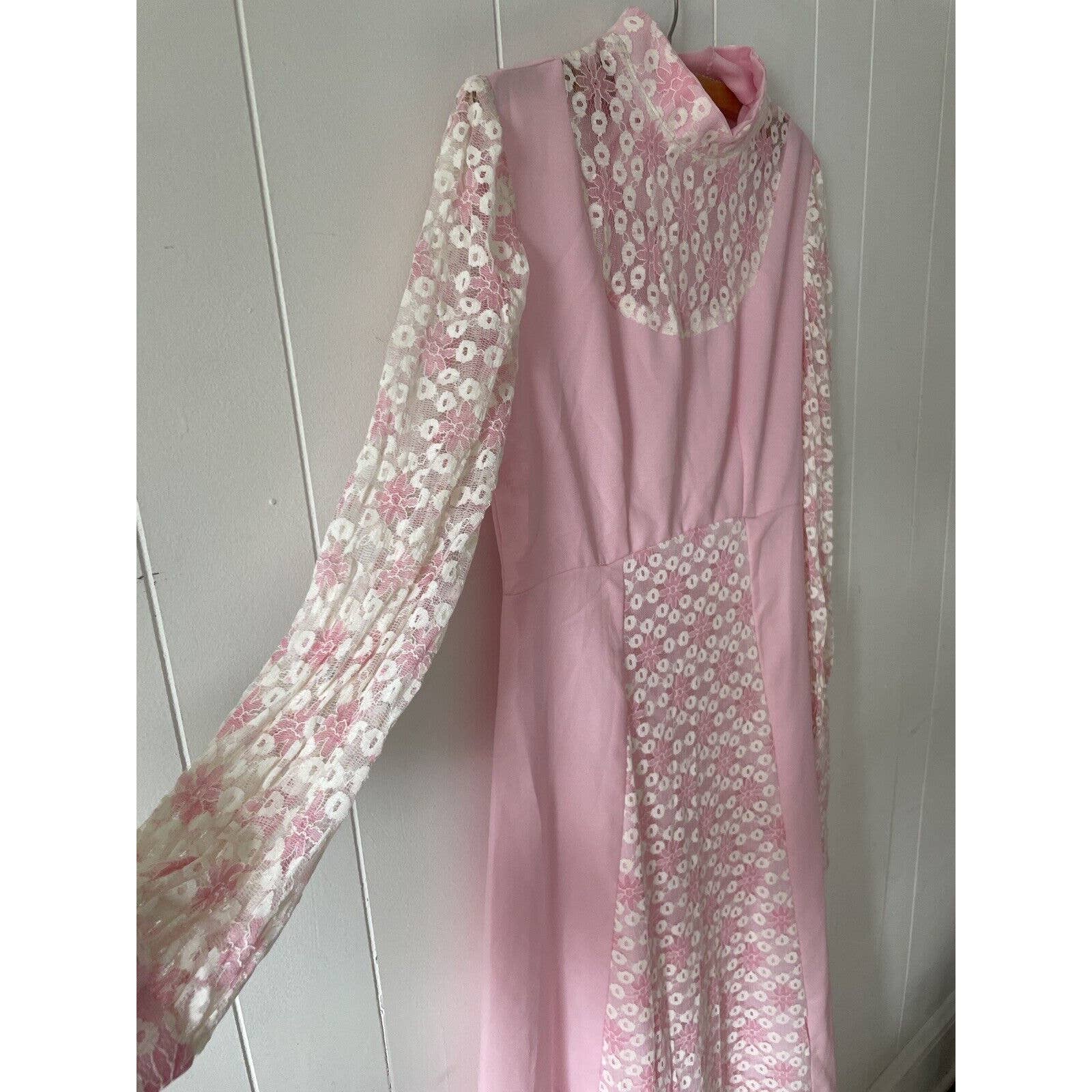 Vintage 60s 70s Long Sleeve Empire Waist Maxi Dress Mod Regency Ruffles Lace - Image 4