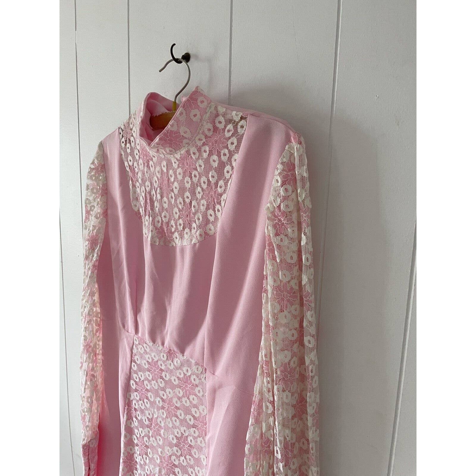 Vintage 60s 70s Long Sleeve Empire Waist Maxi Dress Mod Regency Ruffles Lace - Image 5