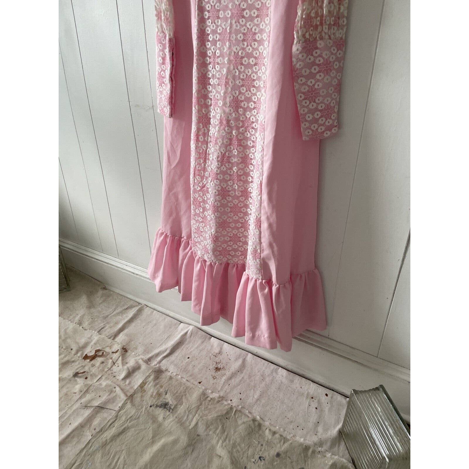 Vintage 60s 70s Long Sleeve Empire Waist Maxi Dress Mod Regency Ruffles Lace - Image 6