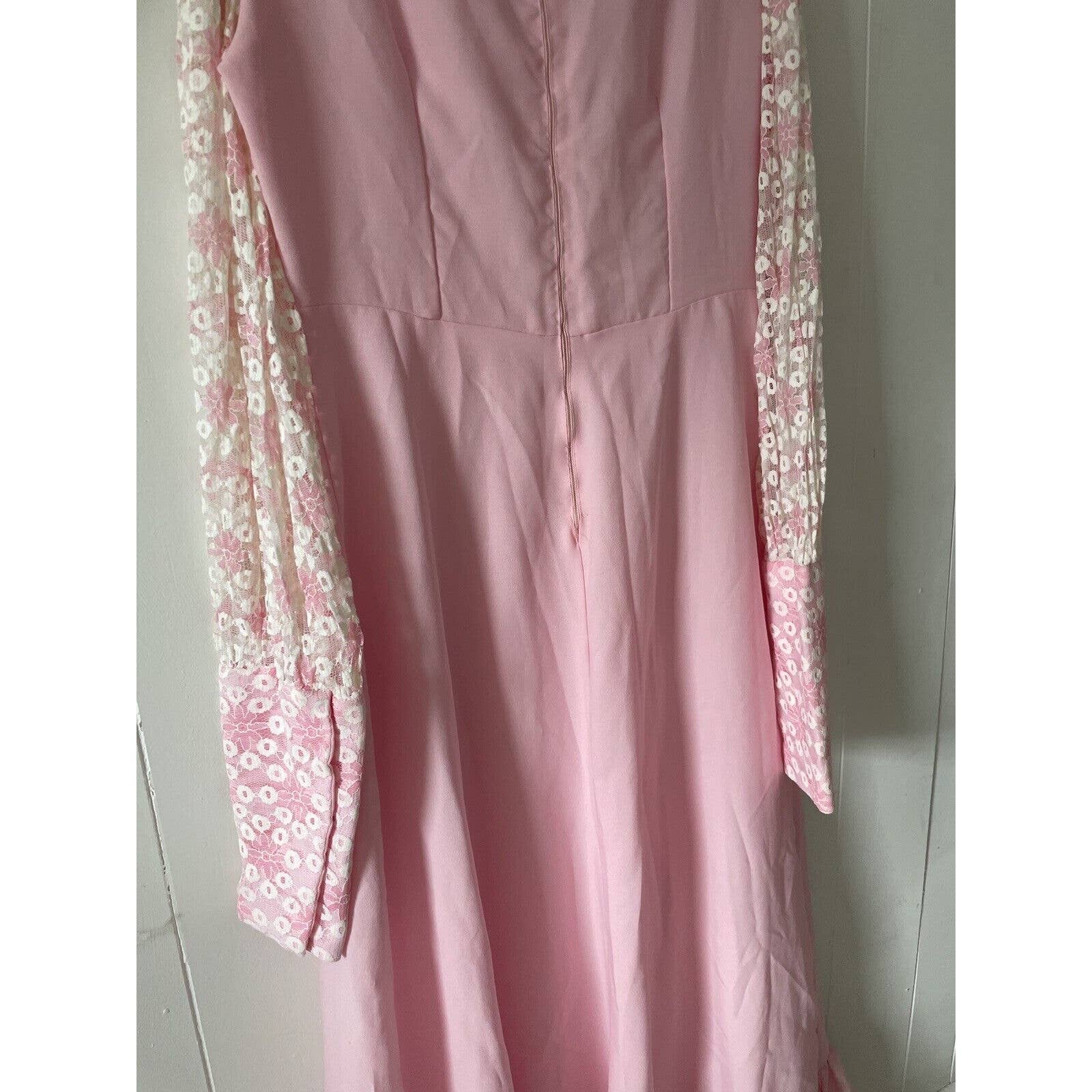 Vintage 60s 70s Long Sleeve Empire Waist Maxi Dress Mod Regency Ruffles Lace - Image 8