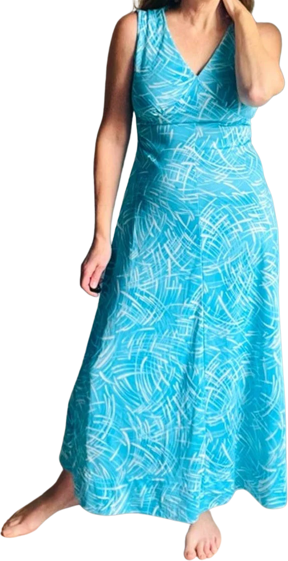 Vintage 60s 70s Maxi Dress Polyester Abstract Print Blue Small Fitted