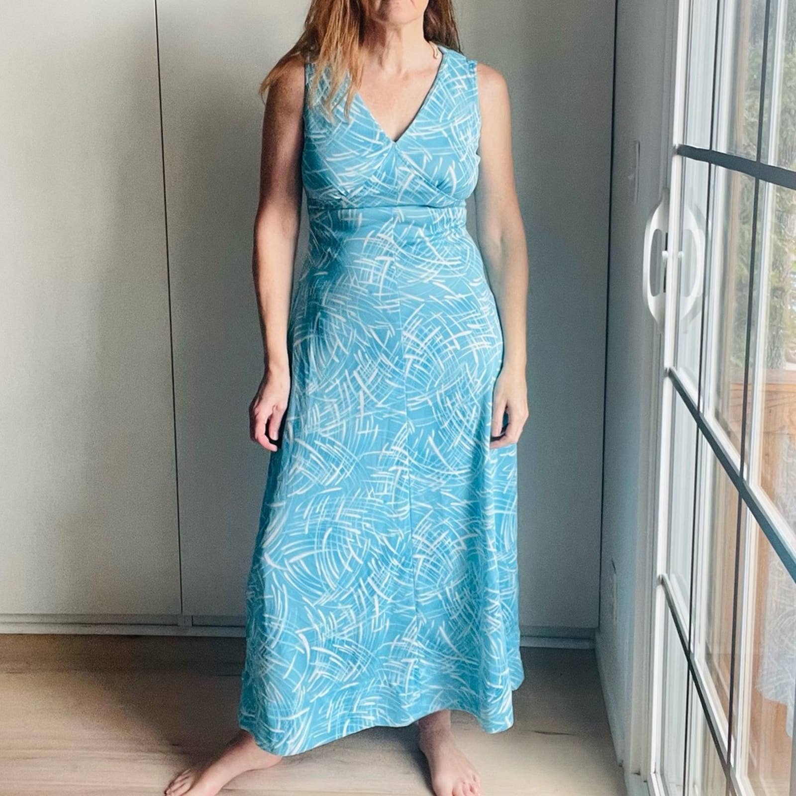 Vintage 60s 70s Maxi Dress Polyester Abstract Print Blue Small Fitted - Image 2