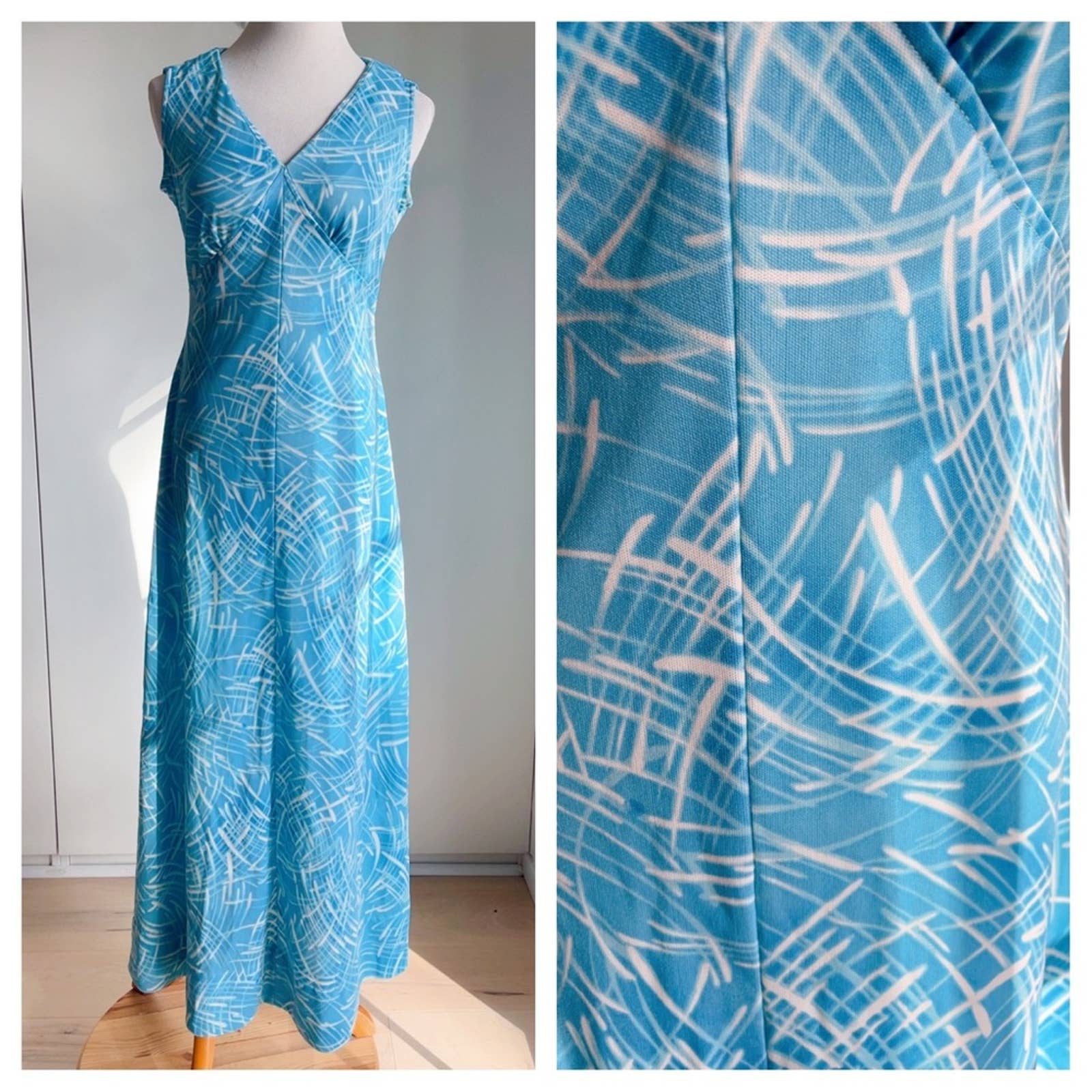 Vintage 60s 70s Maxi Dress Polyester Abstract Print Blue Small Fitted - Image 6