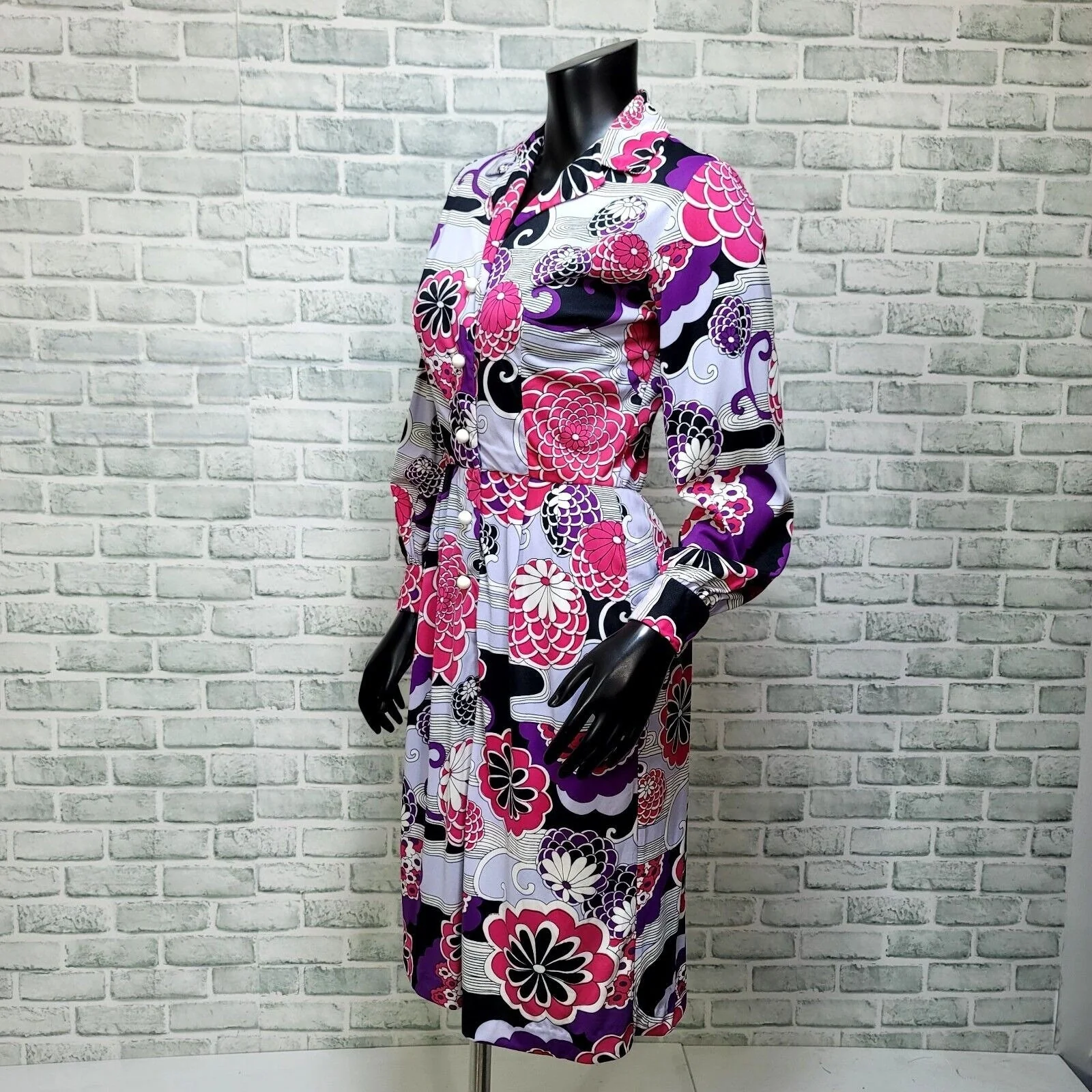 60s/70s Mod Floral Button Front Shirt Dress Long Sleeve - Image 8