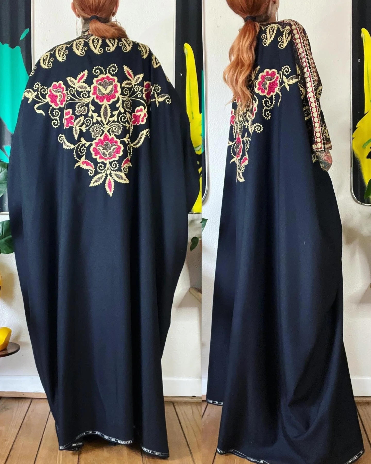 Vintage 60s/70s Pitch Black Caftan Cape with Metallic Gold - Image 10