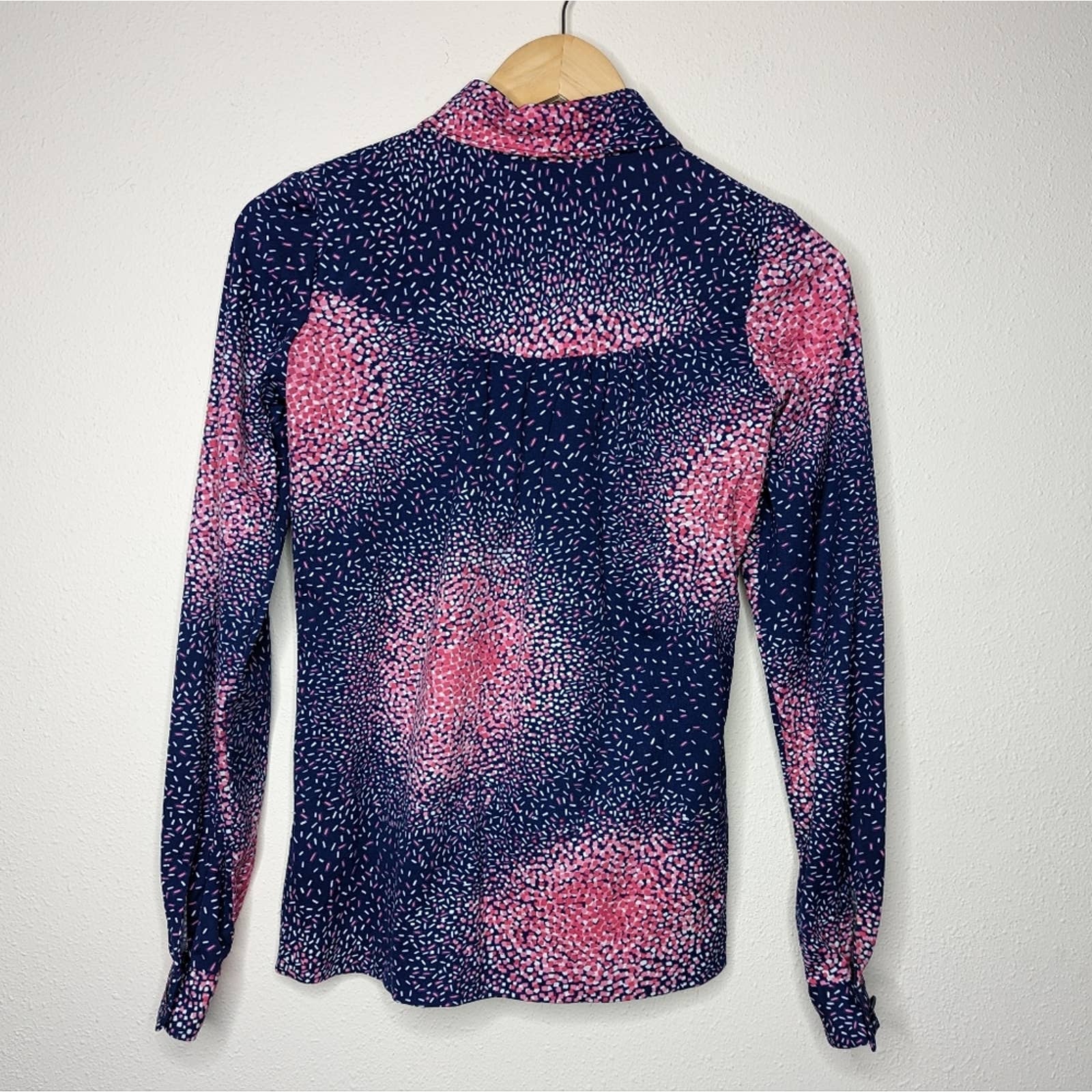 Vintage 60s 70s Psychedelic Confetti Print Pink Purple Pointy Polo Collar Shirt - Image 9