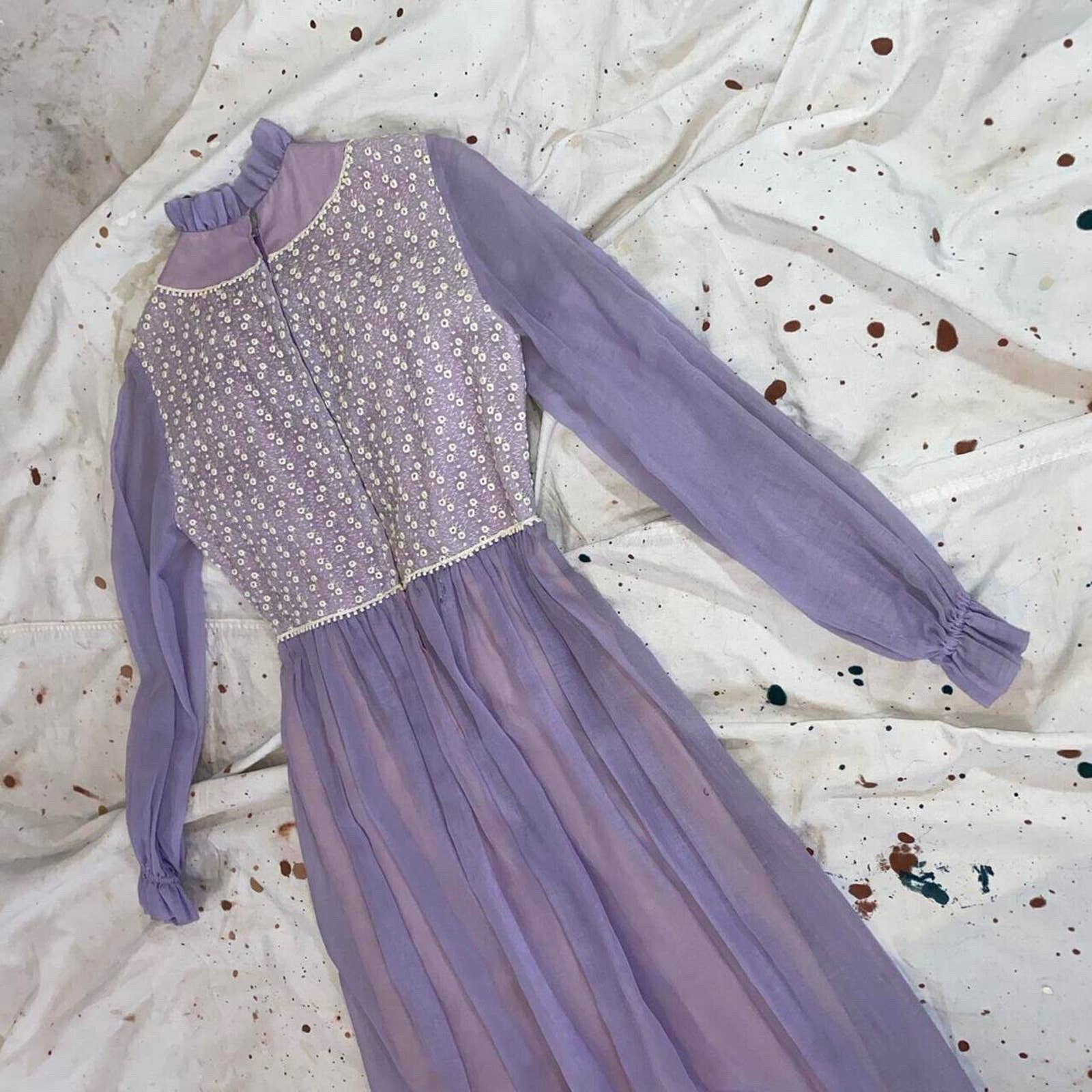 Vintage 60s 70s Soft Sheer Cotton Lilac Maxi Dress - Image 2