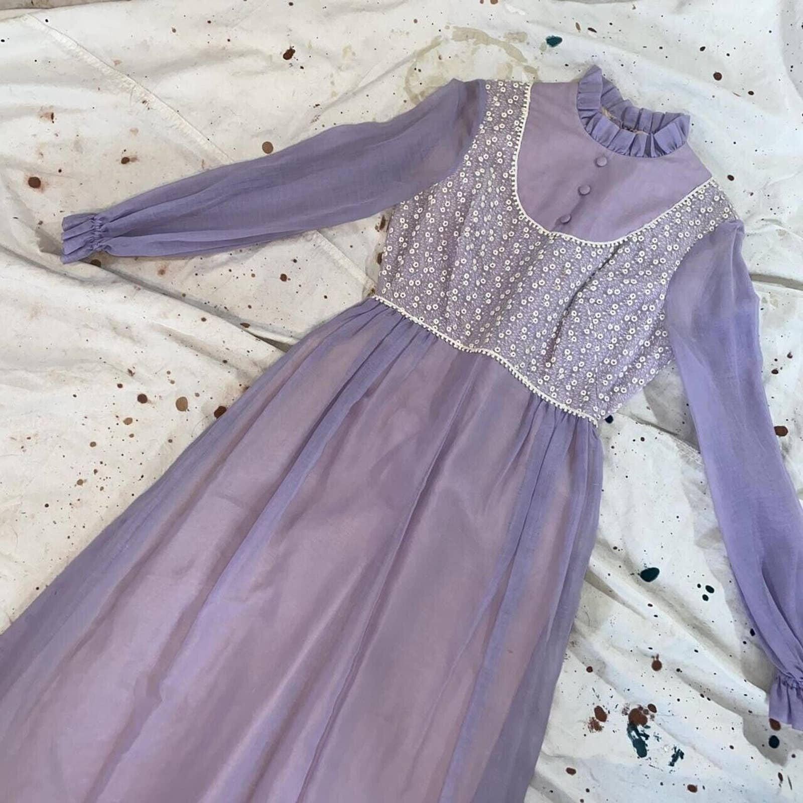 Vintage 60s 70s Soft Sheer Cotton Lilac Maxi Dress - Image 3