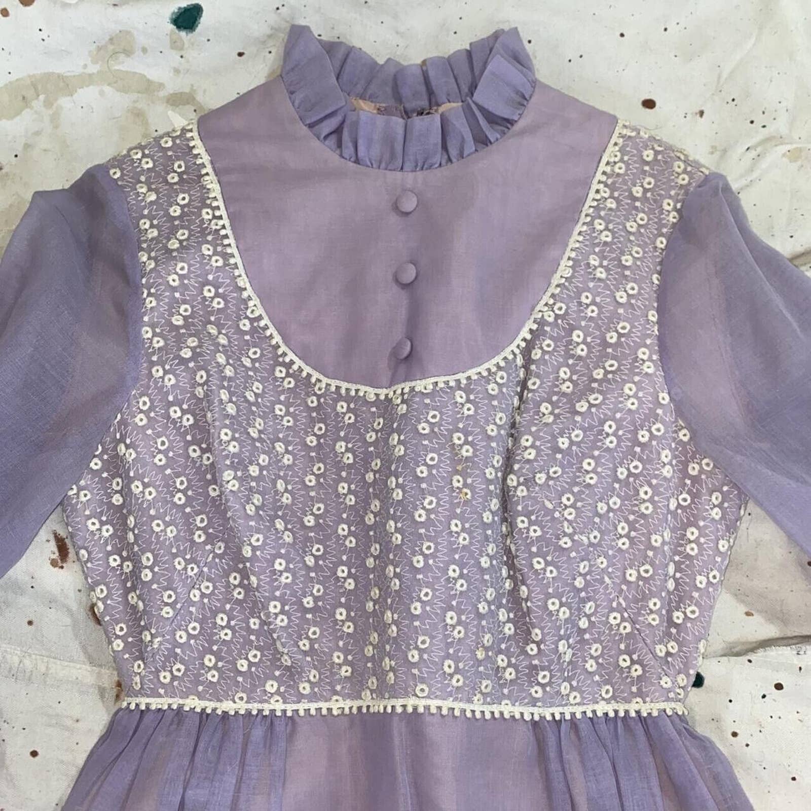 Vintage 60s 70s Soft Sheer Cotton Lilac Maxi Dress - Image 4