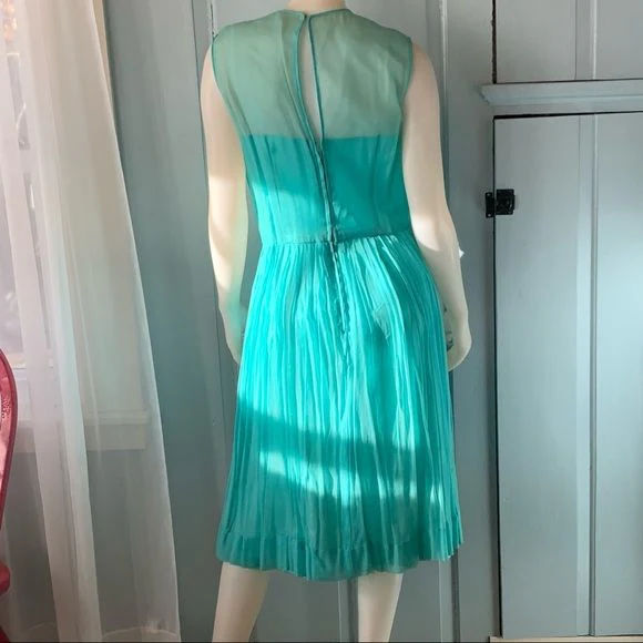 Vintage 60s Aqua Organza Party Dress Sheer Overlay Pintucked - Image 2
