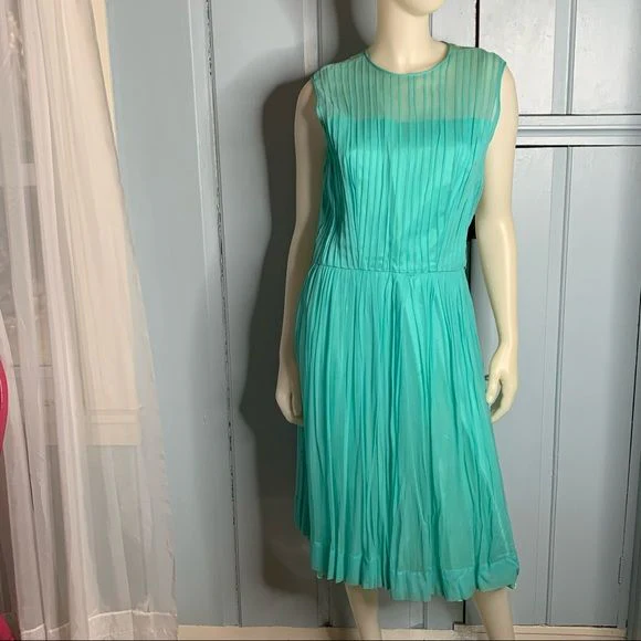 Vintage 60s Aqua Organza Party Dress Sheer Overlay Pintucked - Image 3