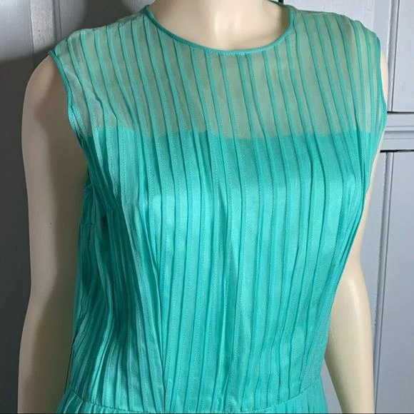 Vintage 60s Aqua Organza Party Dress Sheer Overlay Pintucked - Image 4