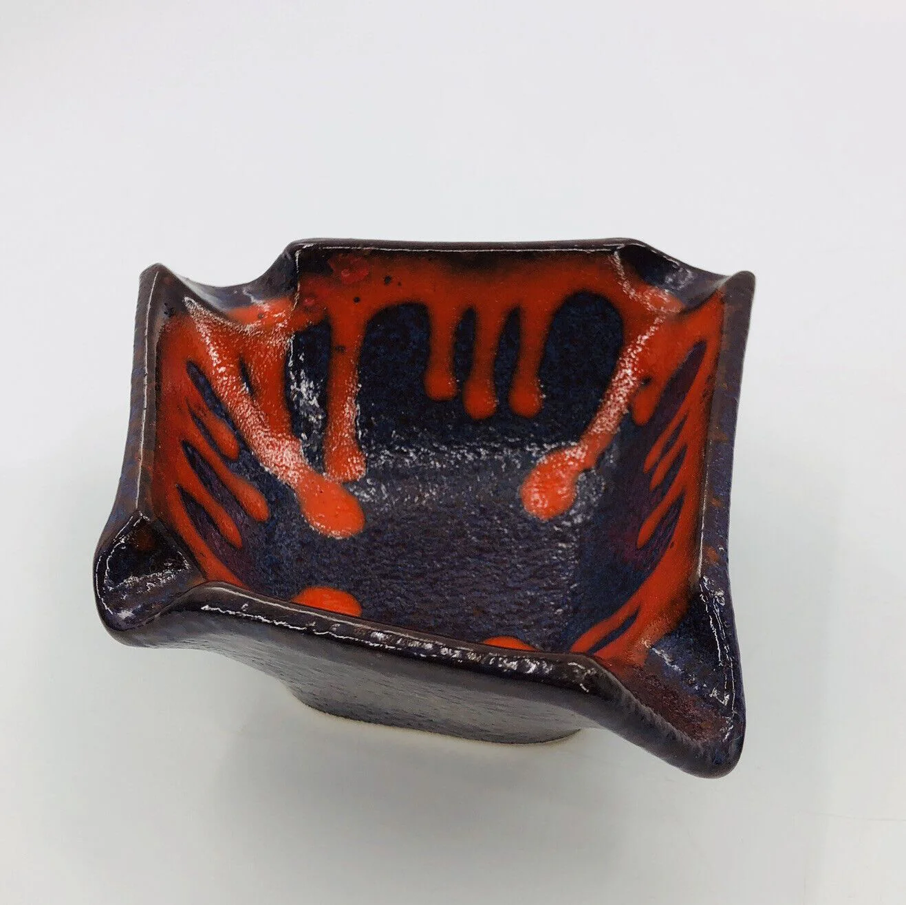 Vintage 60s Ashtray Modern Mid Century Blue Red Drip Ceramic 6" X 5" - Image 2