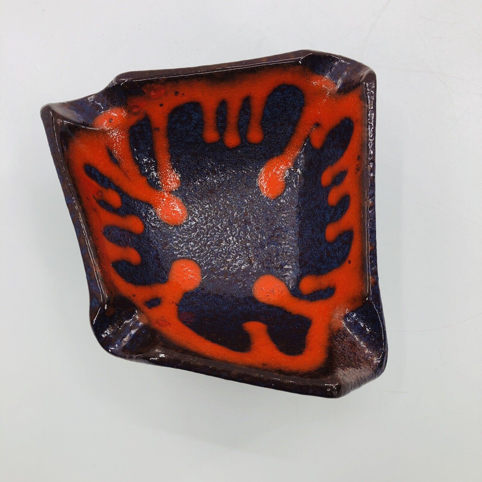 Vintage 60s Ashtray Modern Mid Century Blue Red Drip Ceramic 6" X 5" - Image 3