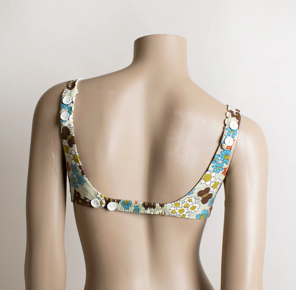 Vintage 60s Bikini Top Floral Flower Power Print Summer Bra Top Mint Green Orange Brown Small - Image 6