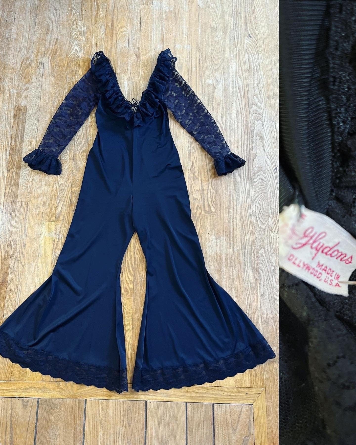 Vintage 60s Black Nylon Knit Jumpsuit with Extra Large Flare Leg - Image 10