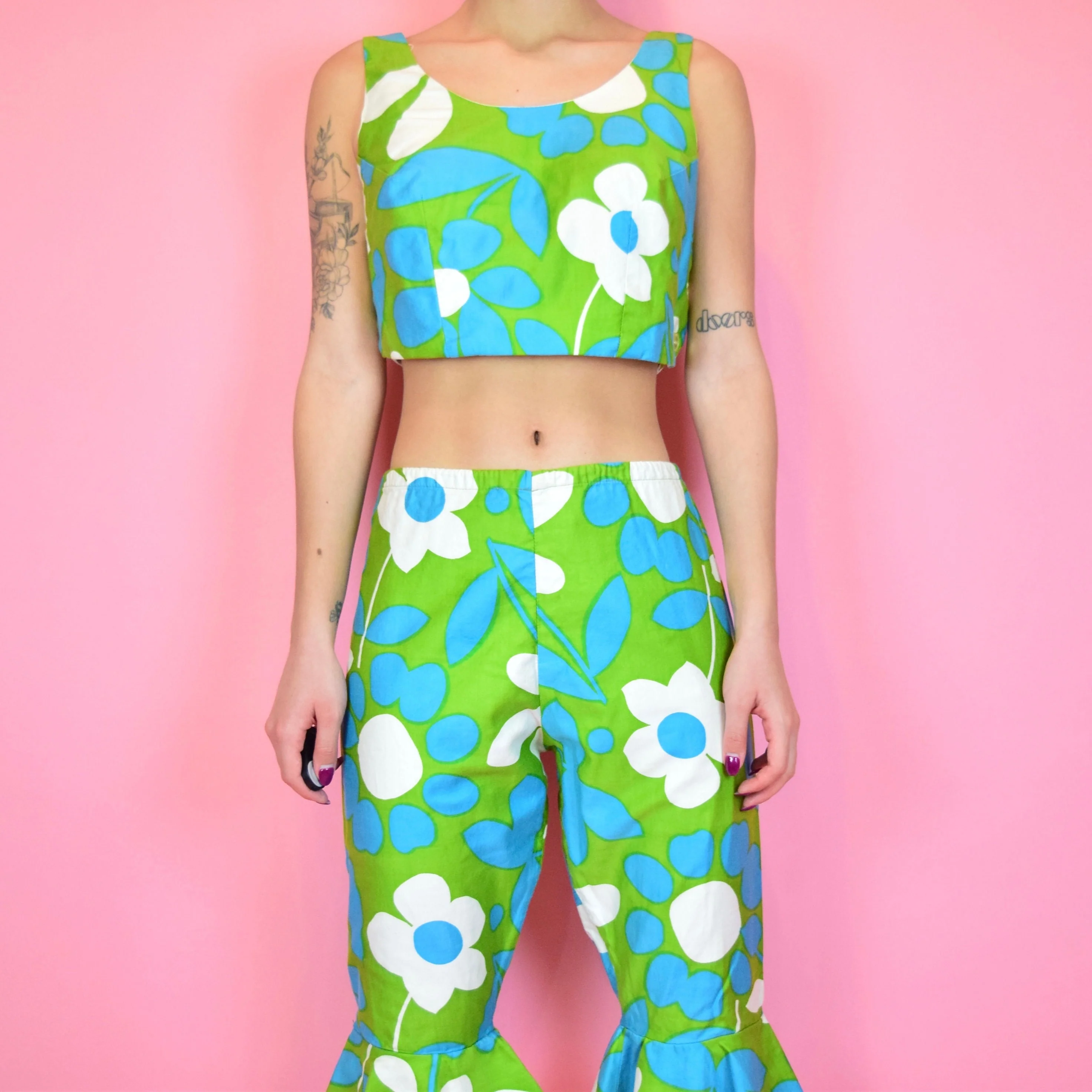 Vintage 60s Blue Green Psychedelic Floral Two Piece Set by Jams Surfline Hawaii - Image 3