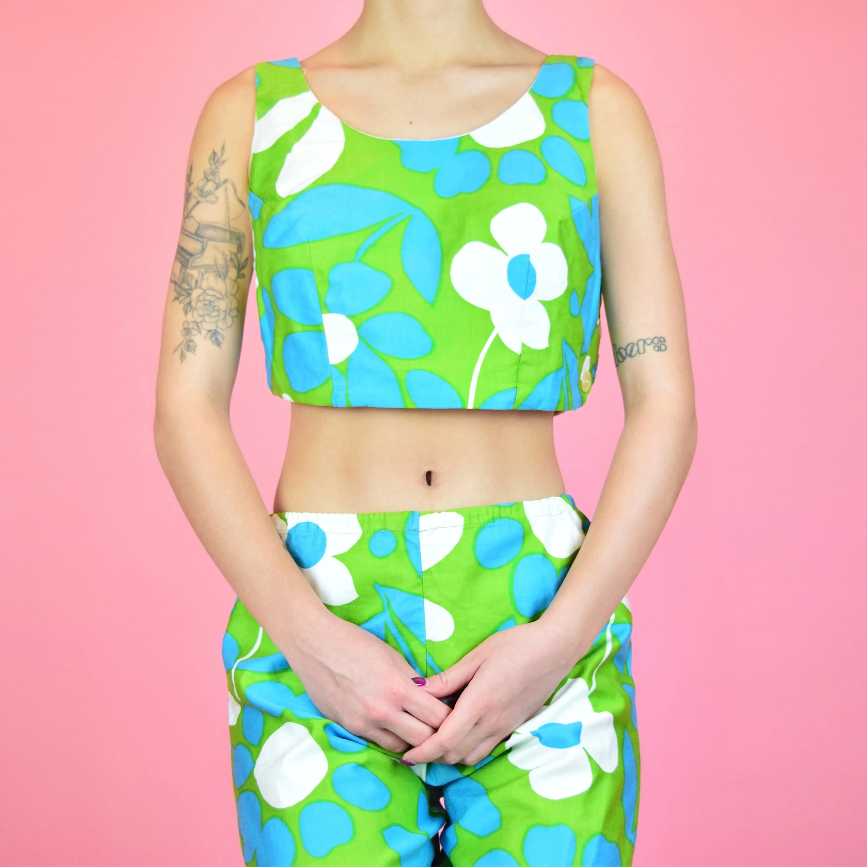 Vintage 60s Blue Green Psychedelic Floral Two Piece Set by Jams Surfline Hawaii - Image 4
