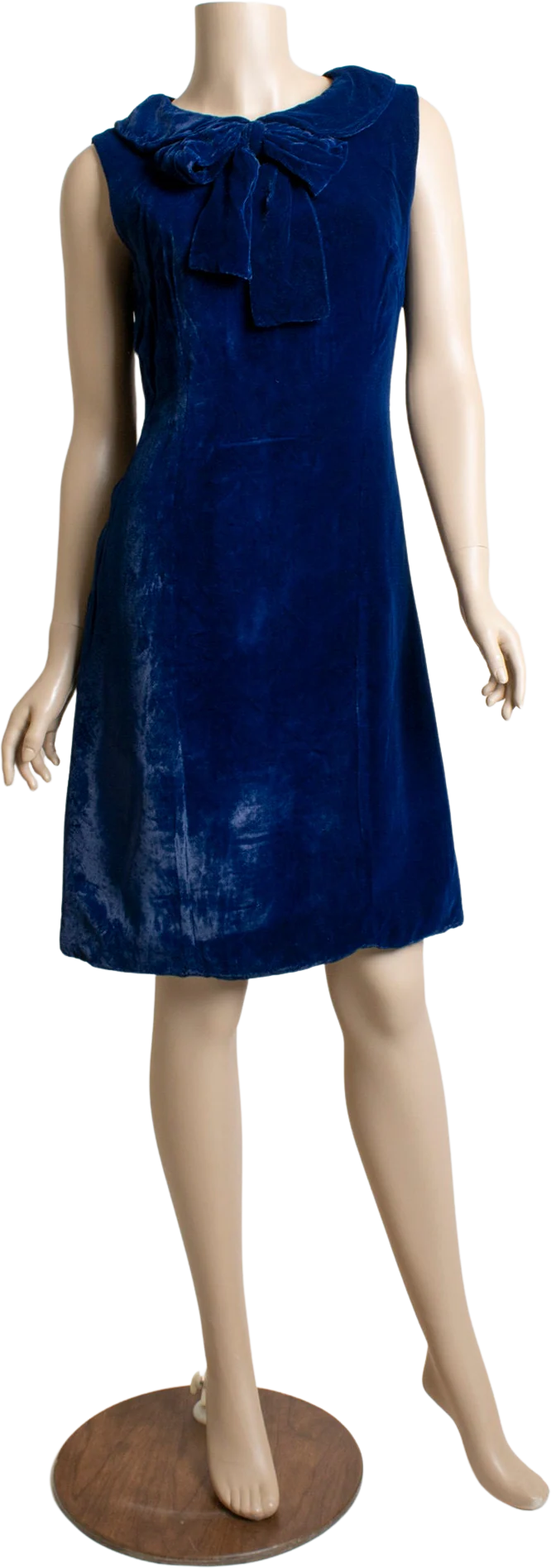 Vintage 60s Blue Velvet Dress - Mini Sleeveless Mod Style Dress with Bow and Peter Pan Collar - Small