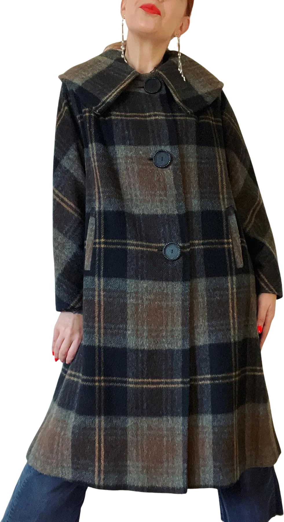 Vintage 60s Bold Brown Black and Gray Heather Plaid Wool Cape Collar Coat by Lady Lucy