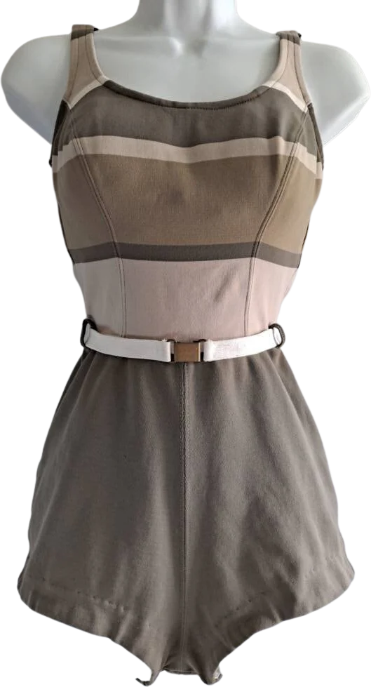 Vintage 60s Catalina One Piece Boyshort Striped Neutral Swimsuit Convertible Adjustable Button Straps by Catalina