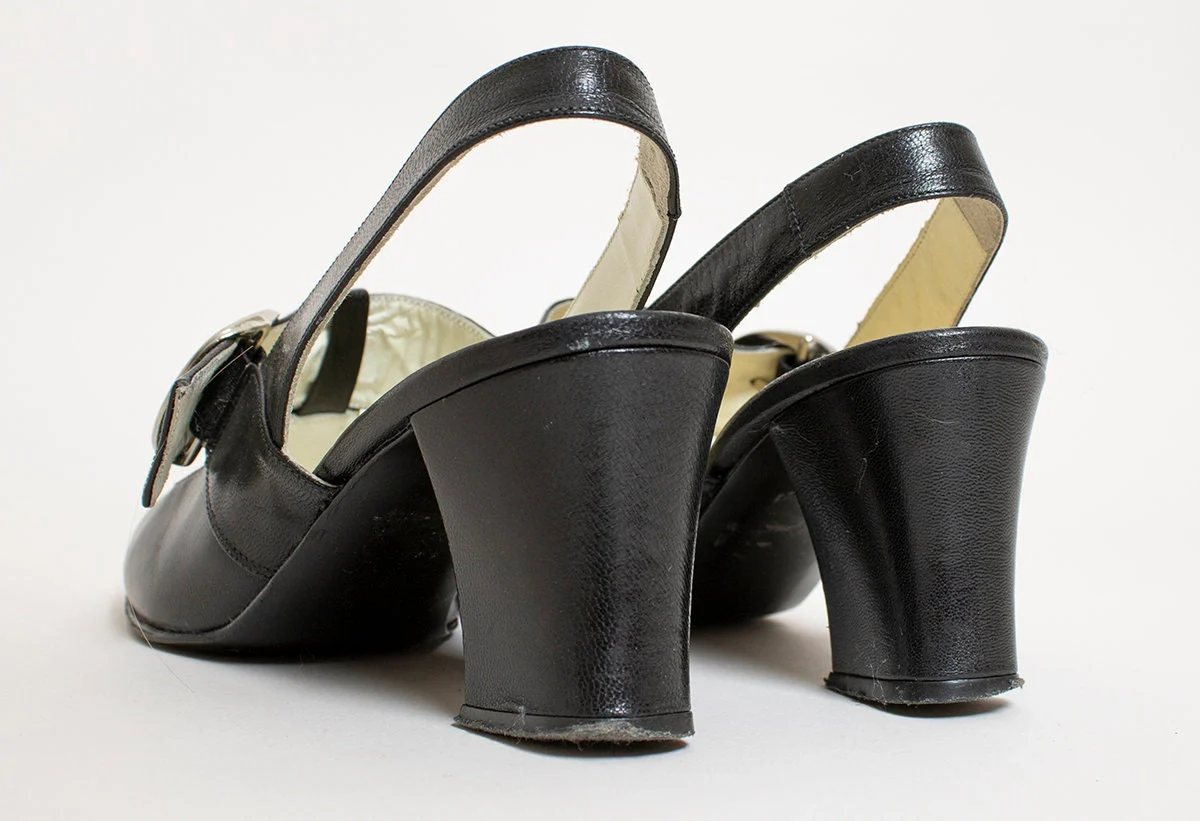 Vintage 60s Chunky Heel Black Leather Large Wide Circle Silver Buckle by Tintoretto - Image 4
