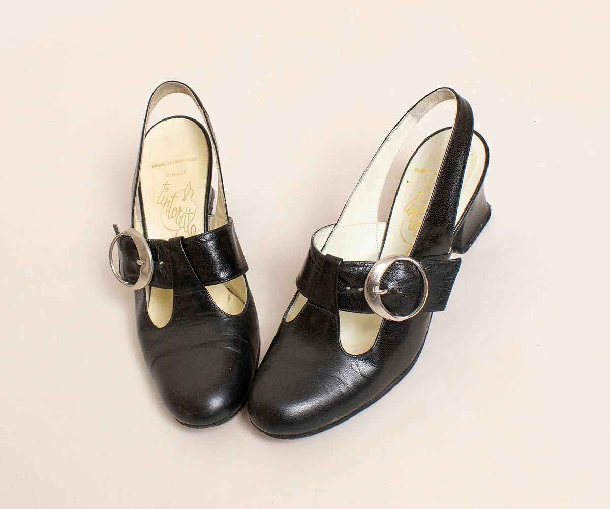 Vintage 60s Chunky Heel Black Leather Large Wide Circle Silver Buckle by Tintoretto - Image 6
